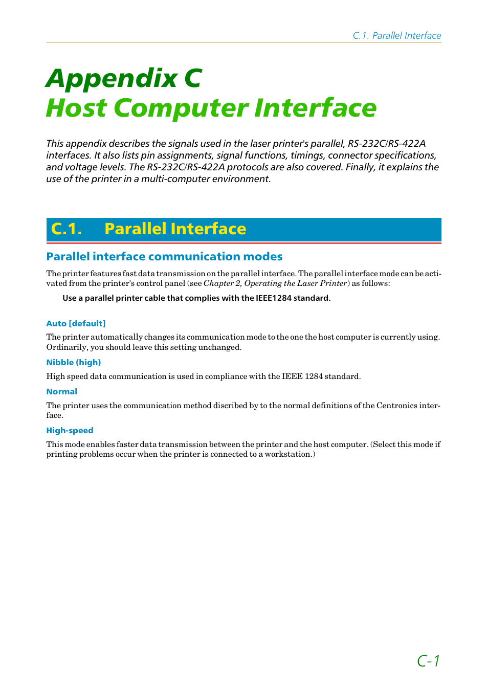 Appendix c host computer interface, C.1. parallel interface, Parallel interface communication modes | Appendix c, Host computer interface, Parallel interface | Kyocera FS1750 User Manual | Page 108 / 124