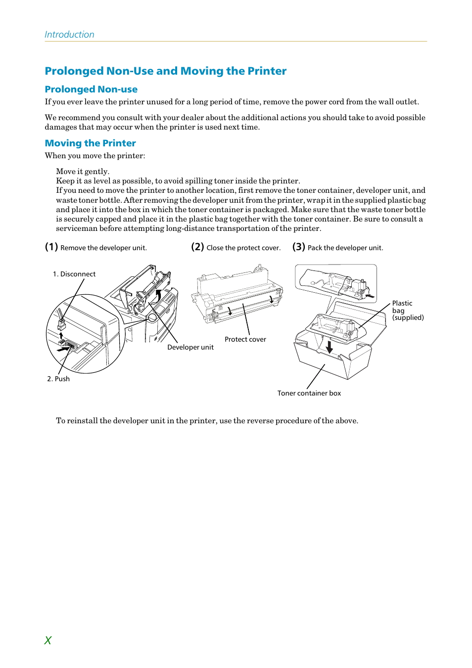 Prolonged non-use and moving the printer | Kyocera FS1750 User Manual | Page 11 / 124