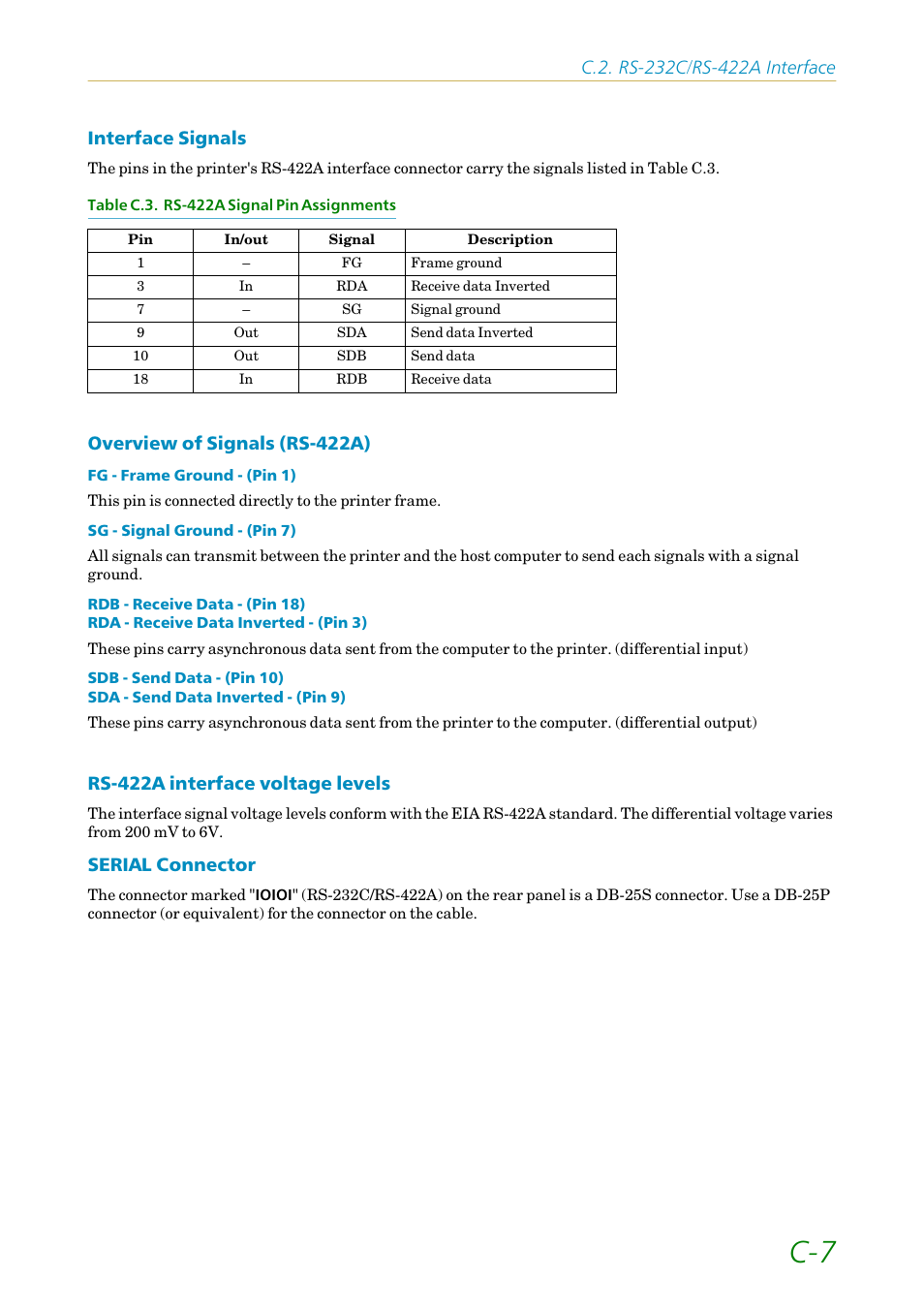 Interface signals, Overview of signals (rs-422a), Rs-422a interface voltage levels | Serial connector | Kyocera FS1750 User Manual | Page 114 / 124