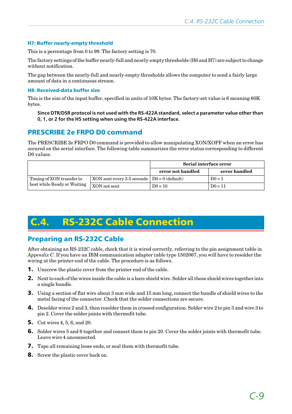 Prescribe 2e frpo d0 command, C.4. rs-232c cable connection, Preparing an rs-232c cable | Rs-232c cable connection | Kyocera FS1750 User Manual | Page 116 / 124