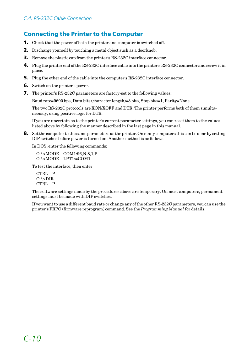 Connecting the printer to the computer, C-10 | Kyocera FS1750 User Manual | Page 117 / 124