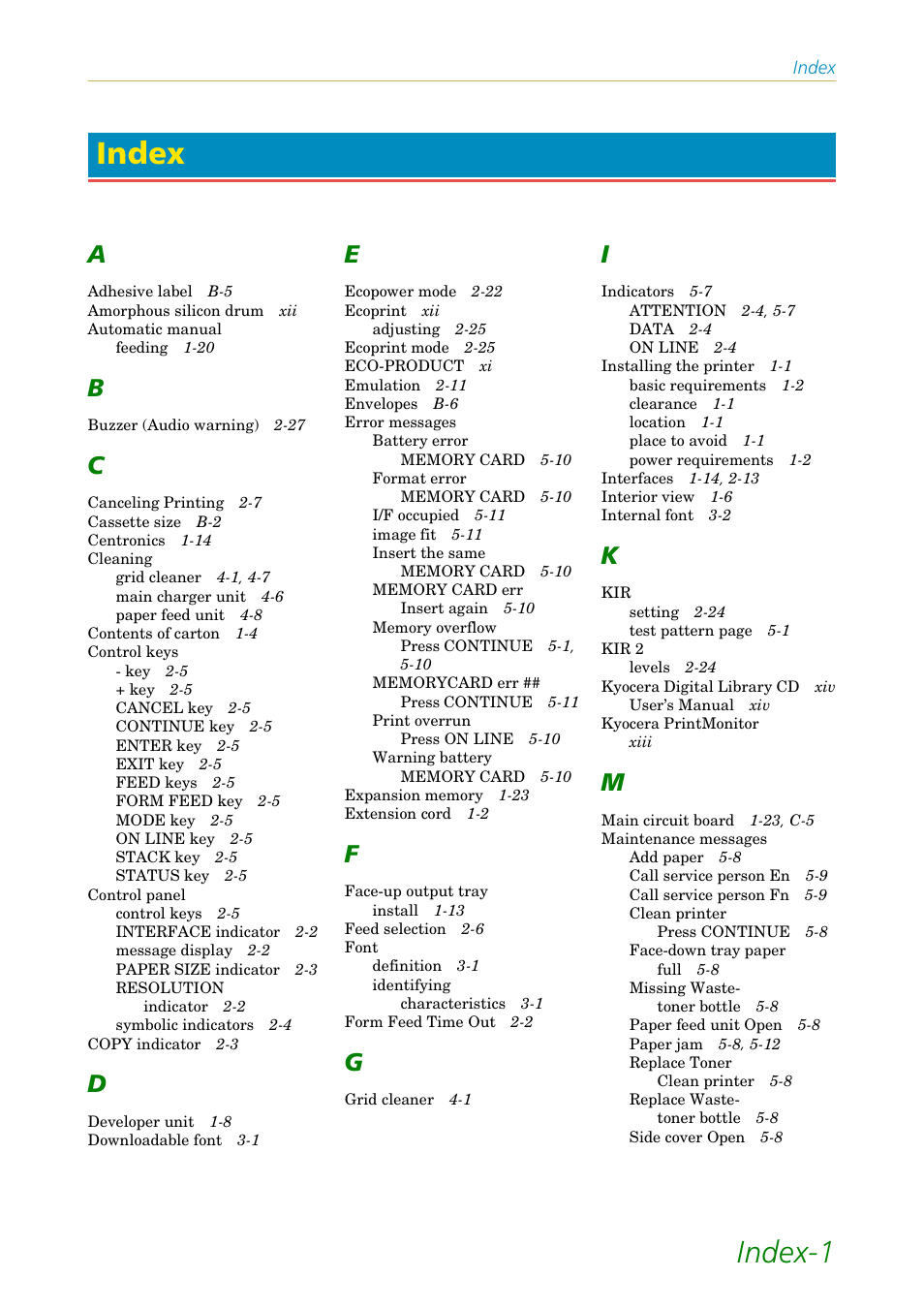 Index, Index-1, Index-1 index | Kyocera FS1750 User Manual | Page 118 / 124