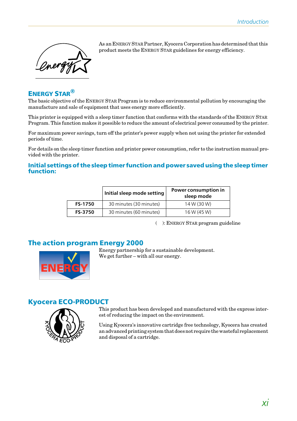 Energy star, The action program energy 2000, Kyocera eco-product | Kyocera FS1750 User Manual | Page 12 / 124