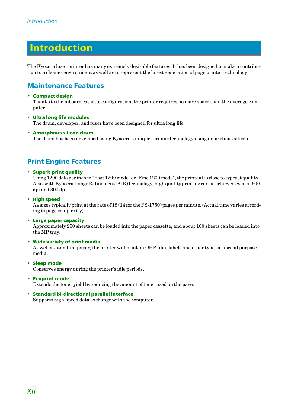 Introduction, Maintenance features, Print engine features | Xii introduction | Kyocera FS1750 User Manual | Page 13 / 124