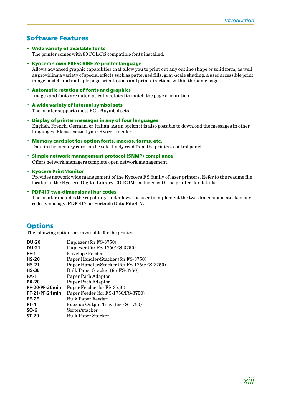 Software features, Options, Xiii | Kyocera FS1750 User Manual | Page 14 / 124