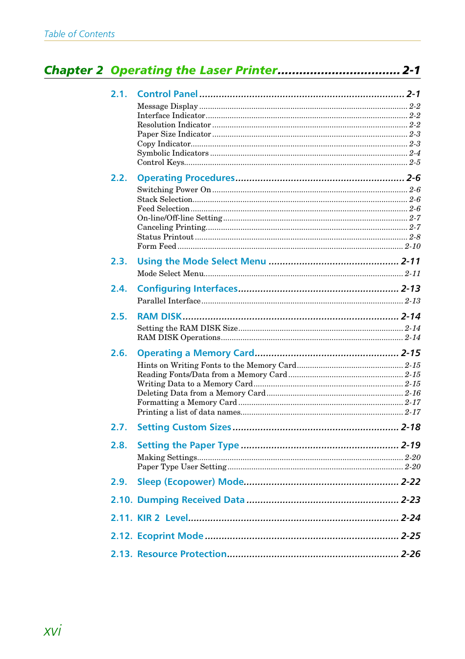 Chapter 2 operating the laser printer -1 | Kyocera FS1750 User Manual | Page 17 / 124