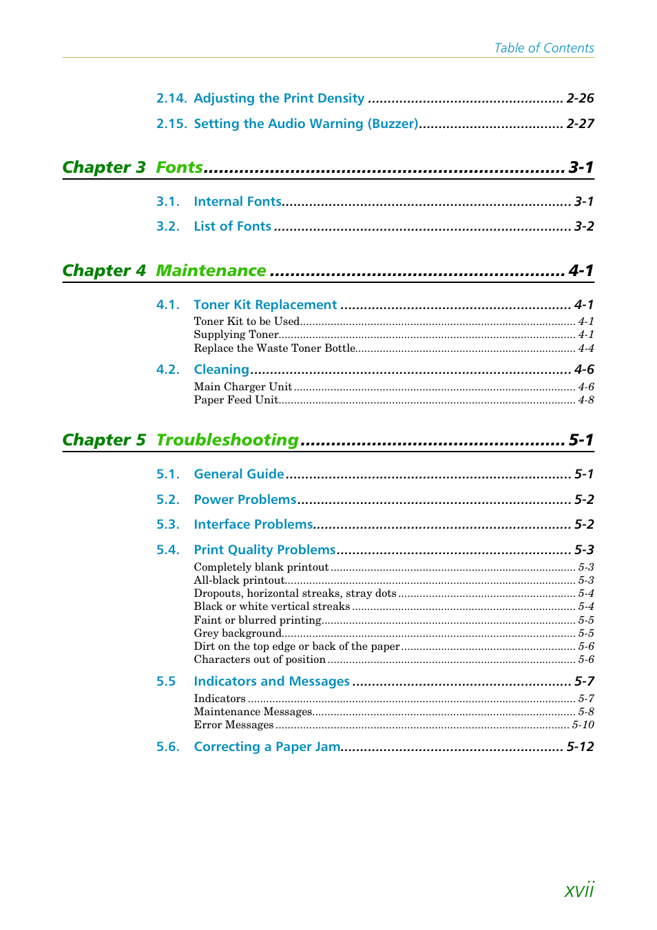 Xvii, Chapter 3 fonts -1, Chapter 4 maintenance -1 | Chapter 5 troubleshooting -1 | Kyocera FS1750 User Manual | Page 18 / 124