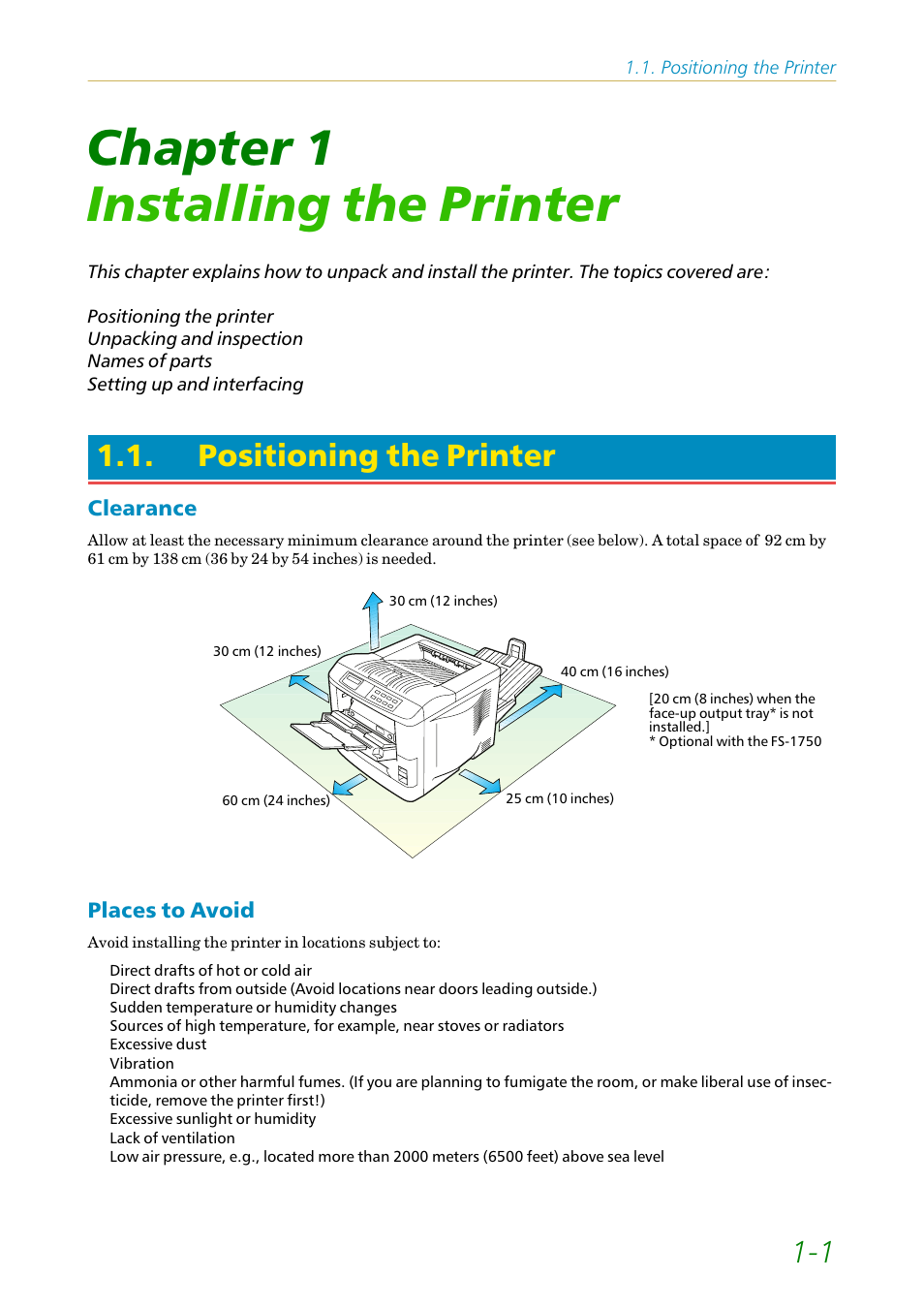 Chapter 1 installing the printer, Positioning the printer, Clearance | Places to avoid, Chapter 1, Installing the printer, Clearance -1 places to avoid -1 | Kyocera FS1750 User Manual | Page 20 / 124