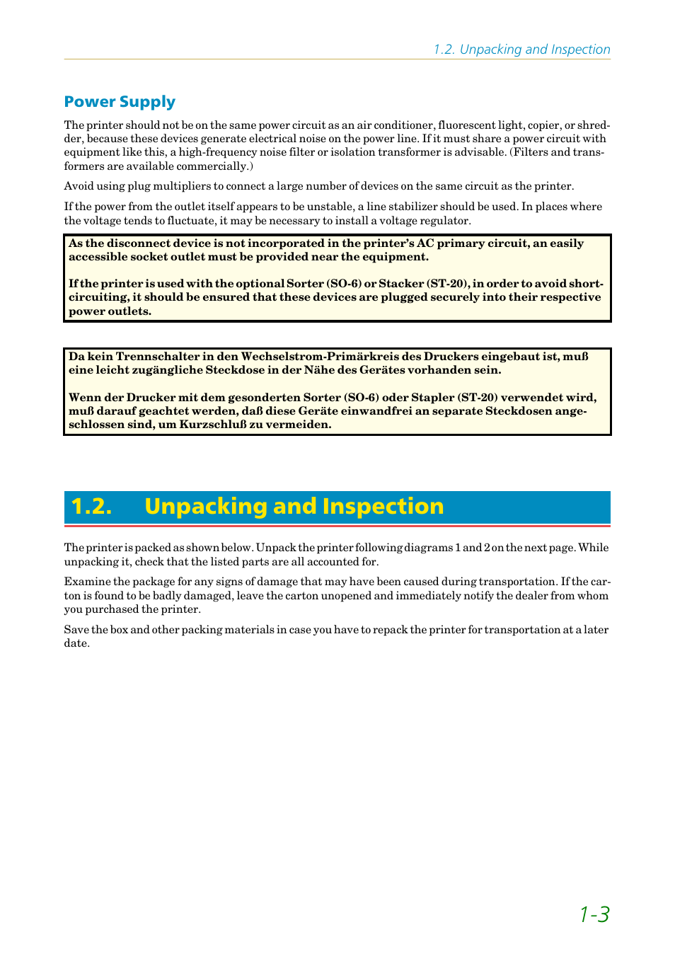 Power supply, Unpacking and inspection, Power supply -3 | Kyocera FS1750 User Manual | Page 22 / 124