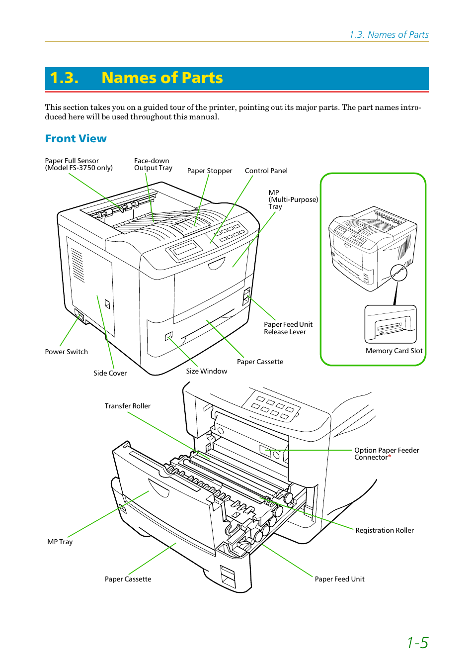 Names of parts, Front view, Front view -5 | 5 1.3. names of parts | Kyocera FS1750 User Manual | Page 24 / 124