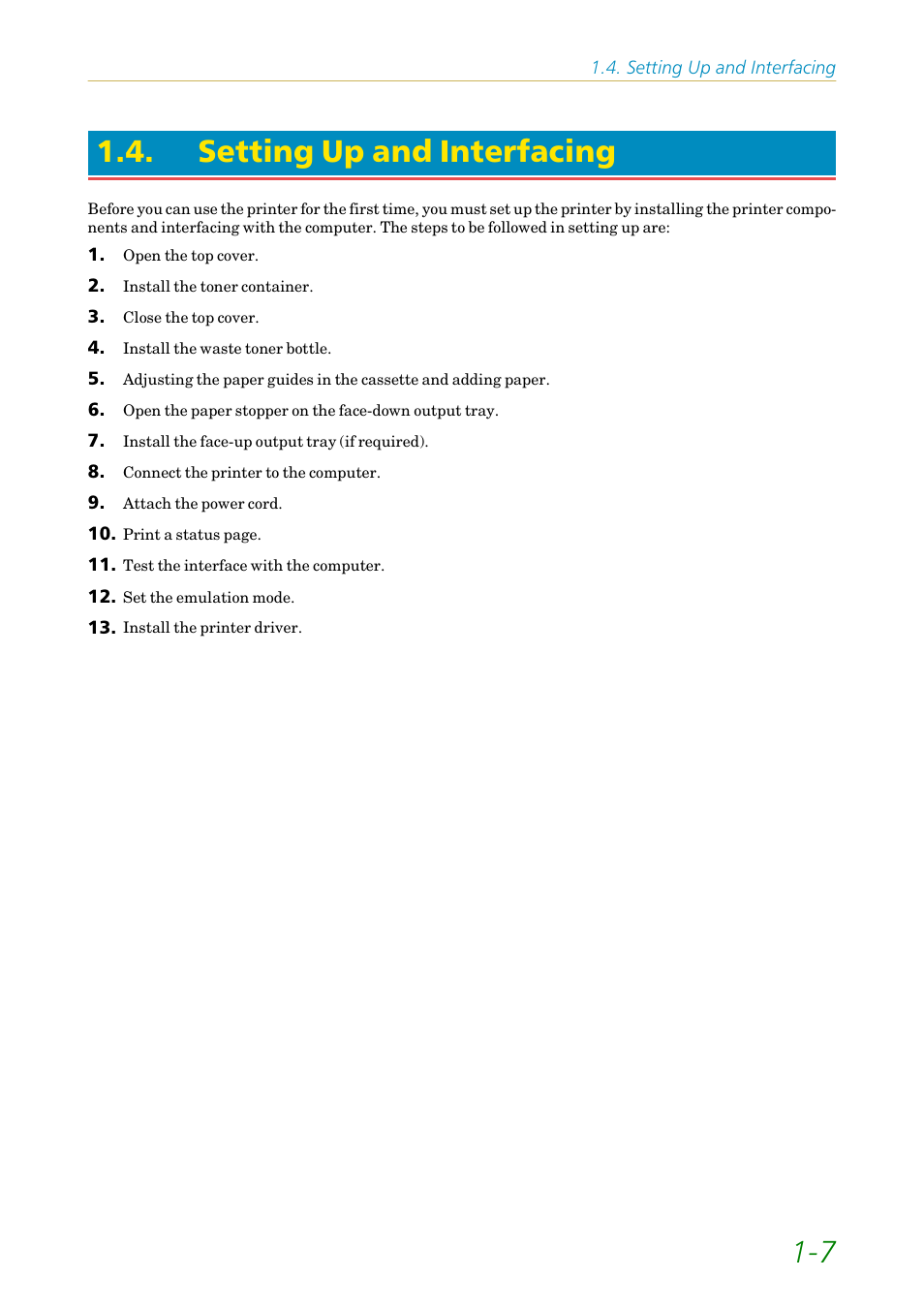 Setting up and interfacing, 7 1.4. setting up and interfacing | Kyocera FS1750 User Manual | Page 26 / 124