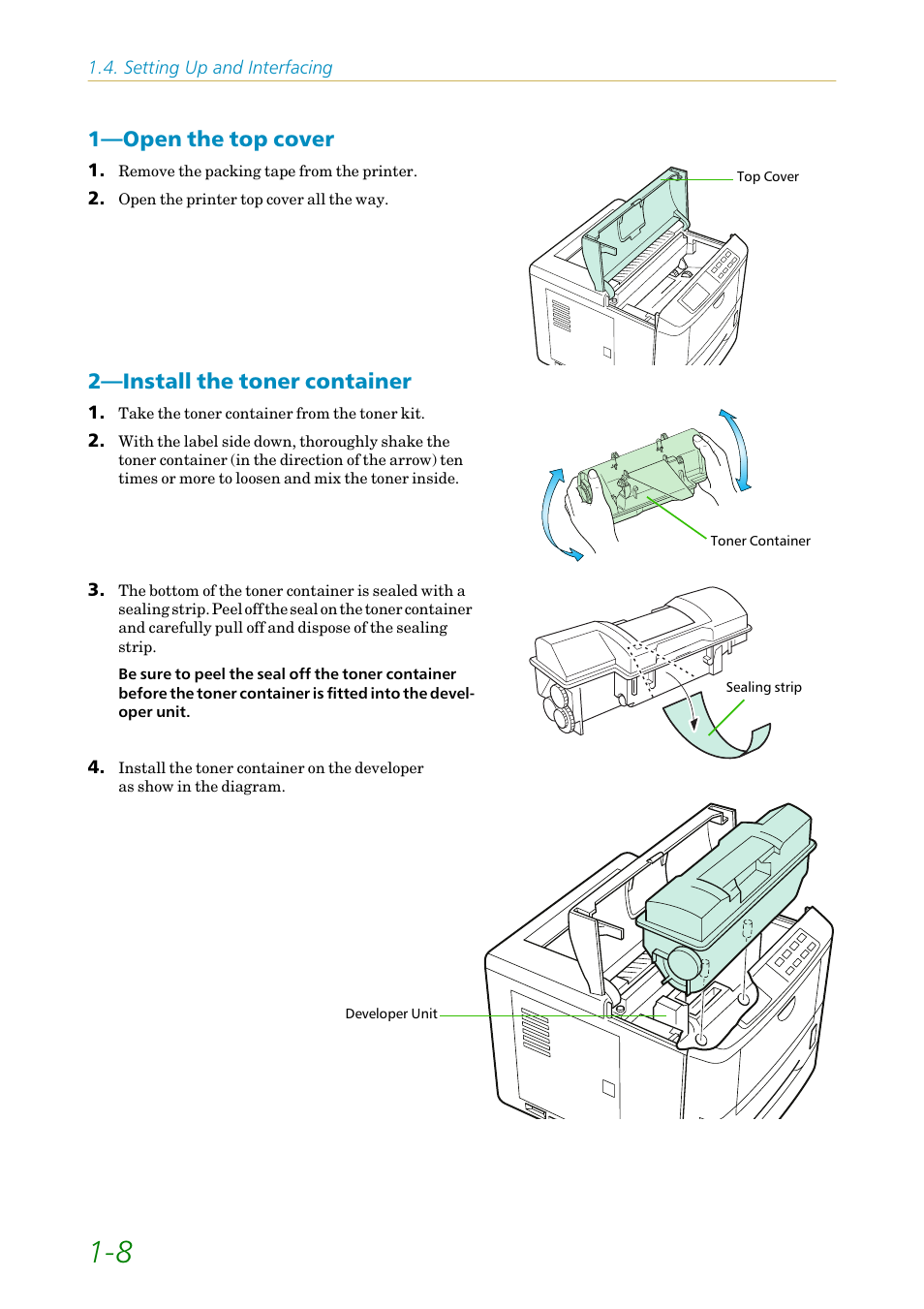 Open the top cover, Install the toner container, 1—open the top cover | 2—install the toner container | Kyocera FS1750 User Manual | Page 27 / 124