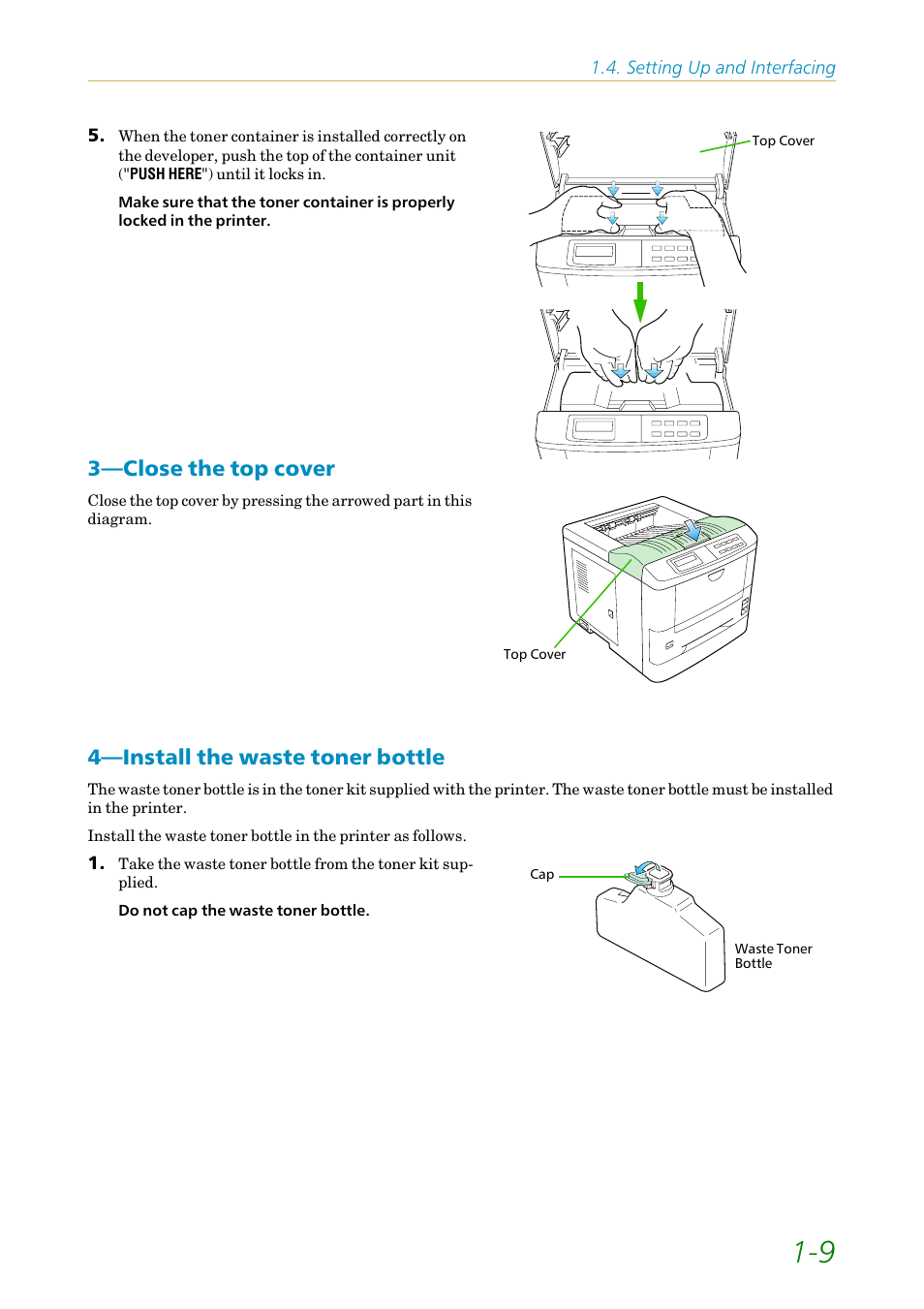 Close the top cover, Install the waste toner bottle, 3—close the top cover | 4—install the waste toner bottle | Kyocera FS1750 User Manual | Page 28 / 124