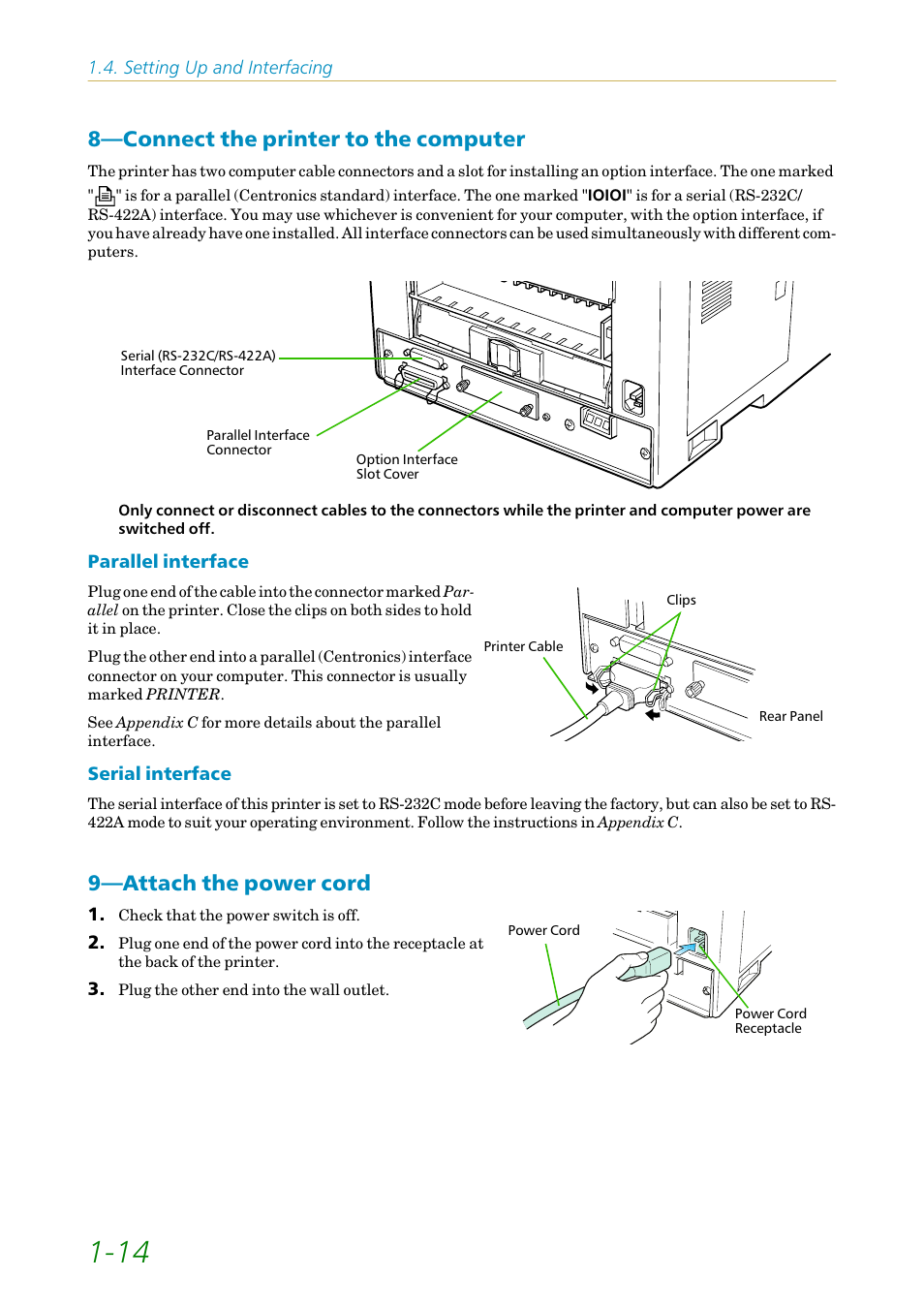 Connect the printer to the computer, Attach the power cord, 8—connect the printer to the computer | 9—attach the power cord | Kyocera FS1750 User Manual | Page 33 / 124