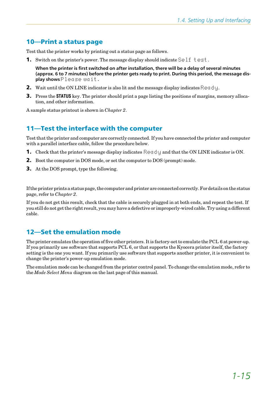 Test the interface with the computer, Set the emulation mode, 10—print a status page | 11—test the interface with the computer, 12—set the emulation mode | Kyocera FS1750 User Manual | Page 34 / 124