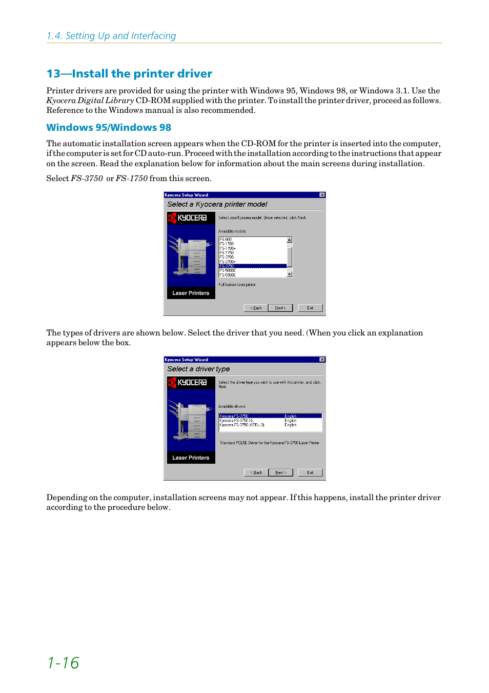 Install the printer driver, 13—install the printer driver -16, 13—install the printer driver | Kyocera FS1750 User Manual | Page 35 / 124