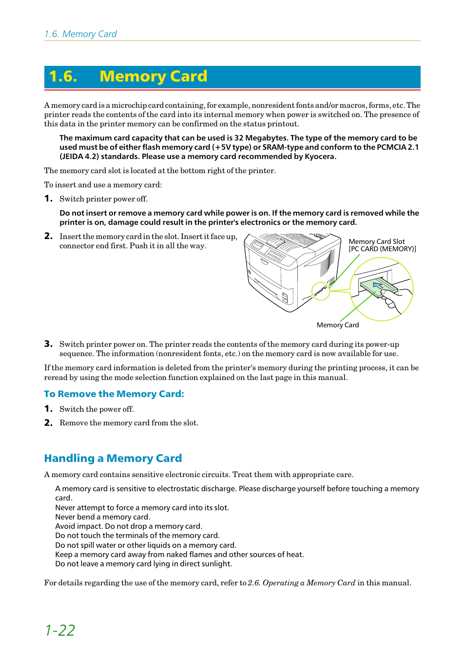 Memory card, Handling a memory card, Handling a memory card -22 | Kyocera FS1750 User Manual | Page 41 / 124