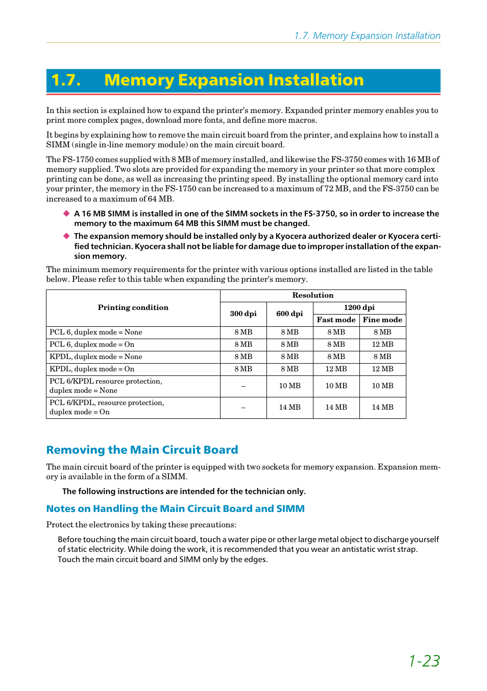 Memory expansion installation, Removing the main circuit board, Removing the main circuit board -23 | Kyocera FS1750 User Manual | Page 42 / 124