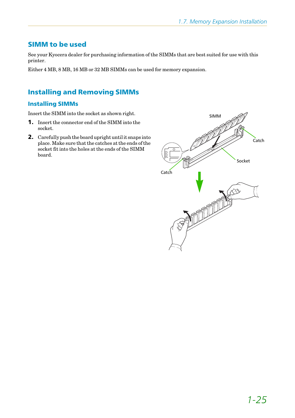 Simm to be used, Installing and removing simms | Kyocera FS1750 User Manual | Page 44 / 124