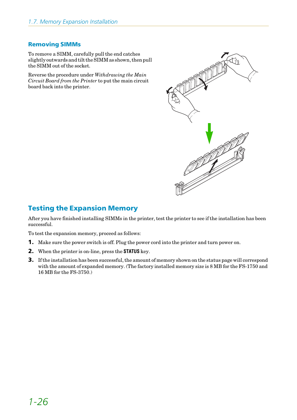 Testing the expansion memory, Testing the expansion memory -26 | Kyocera FS1750 User Manual | Page 45 / 124