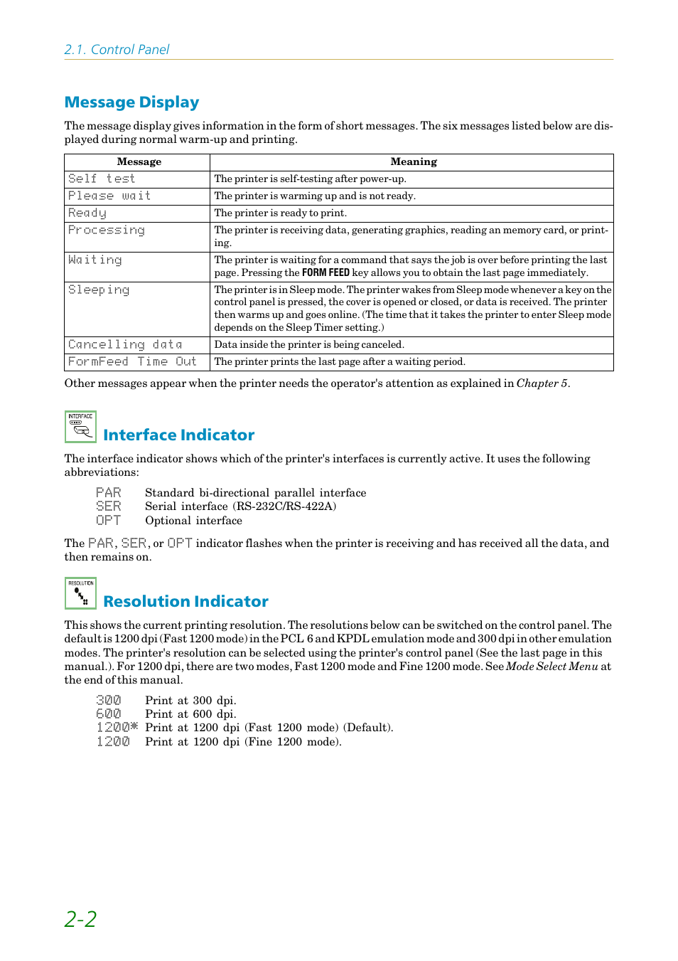 Message display, Interface indicator, Resolution indicator | Control panel | Kyocera FS1750 User Manual | Page 47 / 124