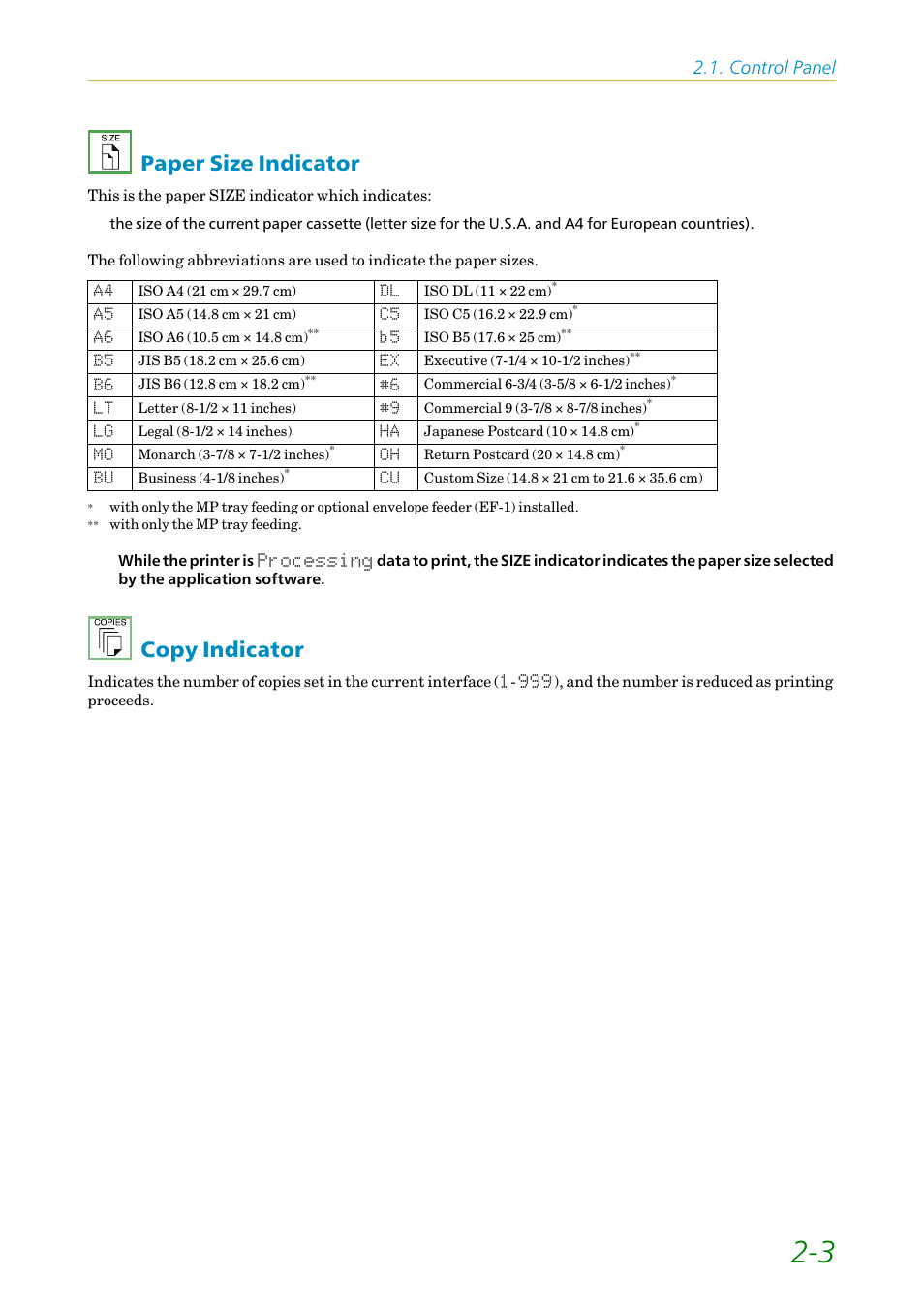 Paper size indicator, Copy indicator, Paper size indicator -3 copy indicator -3 | Control panel | Kyocera FS1750 User Manual | Page 48 / 124