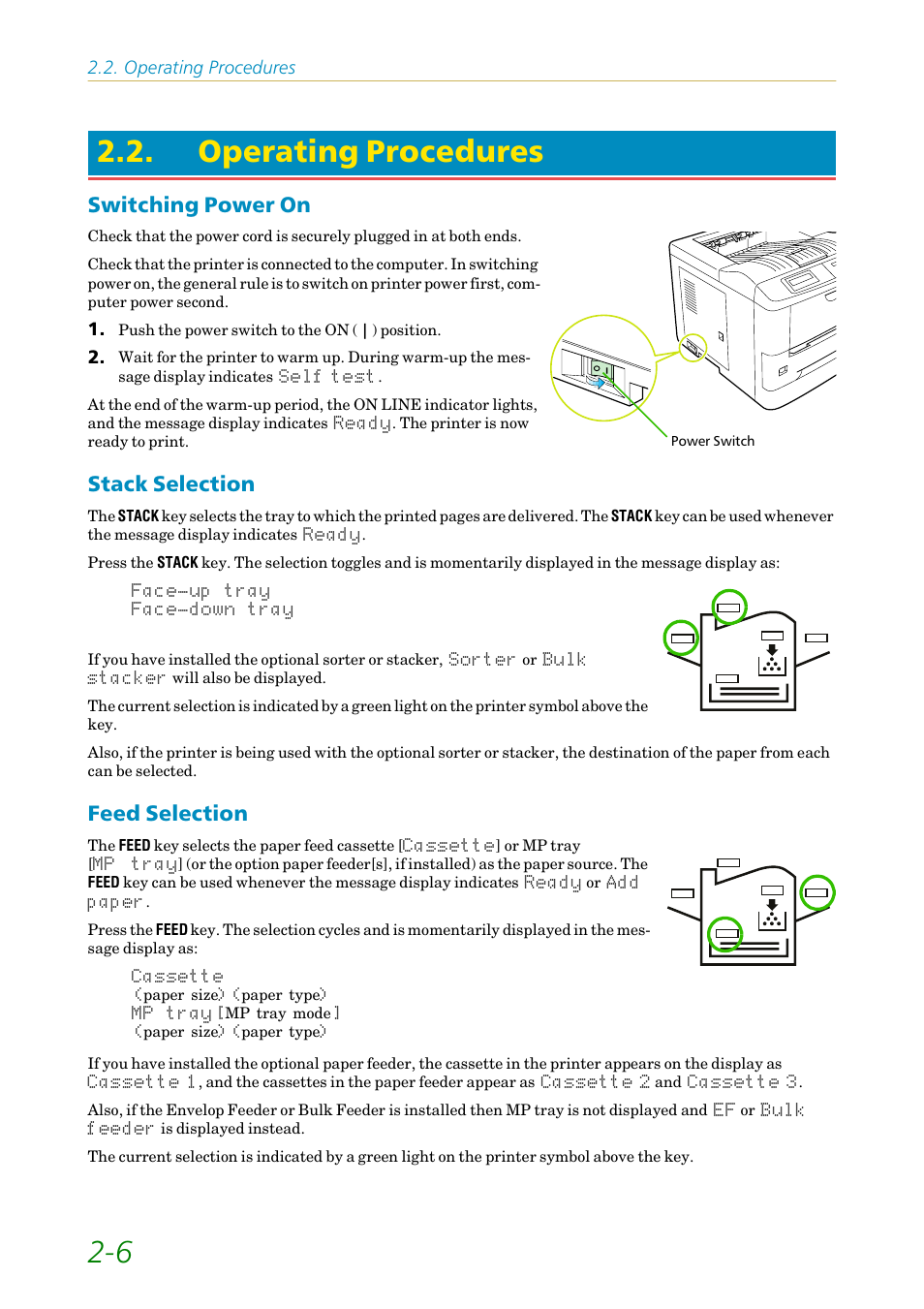 Operating procedures, Switching power on, Stack selection | Feed selection, 6 2.2. operating procedures | Kyocera FS1750 User Manual | Page 51 / 124