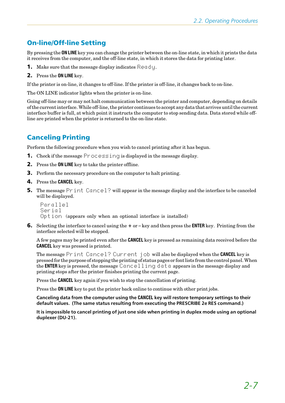 On-line/off-line setting, Canceling printing, On-line/off-line setting -7 canceling printing -7 | Kyocera FS1750 User Manual | Page 52 / 124