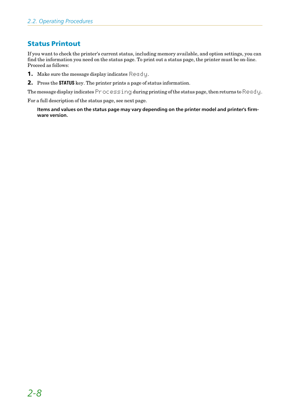 Status printout, Status printout -8 | Kyocera FS1750 User Manual | Page 53 / 124