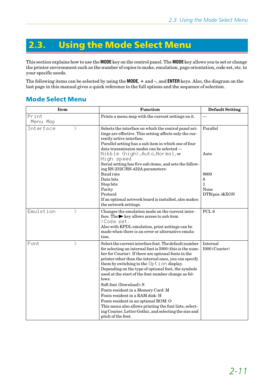 Using the mode select menu, Mode select menu, Mode select menu -11 | 11 2.3. using the mode select menu | Kyocera FS1750 User Manual | Page 56 / 124