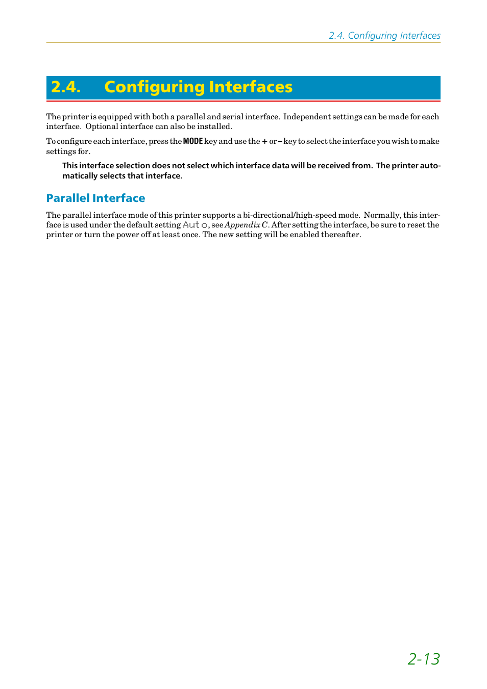 Configuring interfaces, Parallel interface, Parallel interface -13 | 13 2.4. configuring interfaces | Kyocera FS1750 User Manual | Page 58 / 124