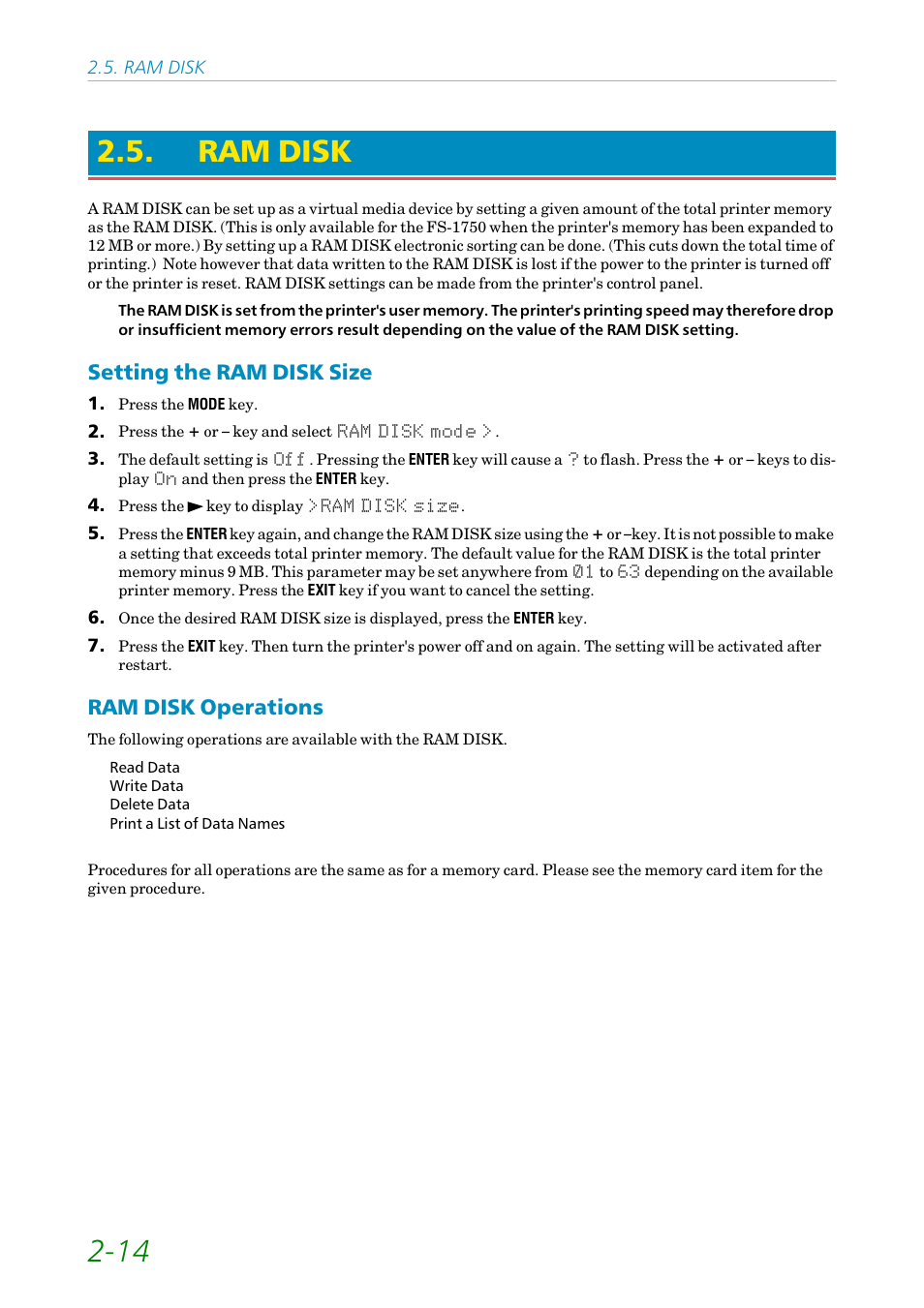 Ram disk, Setting the ram disk size, Ram disk operations | 14 2.5. ram disk | Kyocera FS1750 User Manual | Page 59 / 124