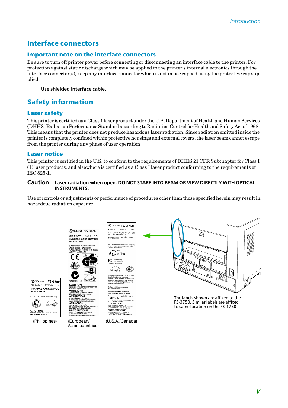 Interface connectors, Safety information | Kyocera FS1750 User Manual | Page 6 / 124