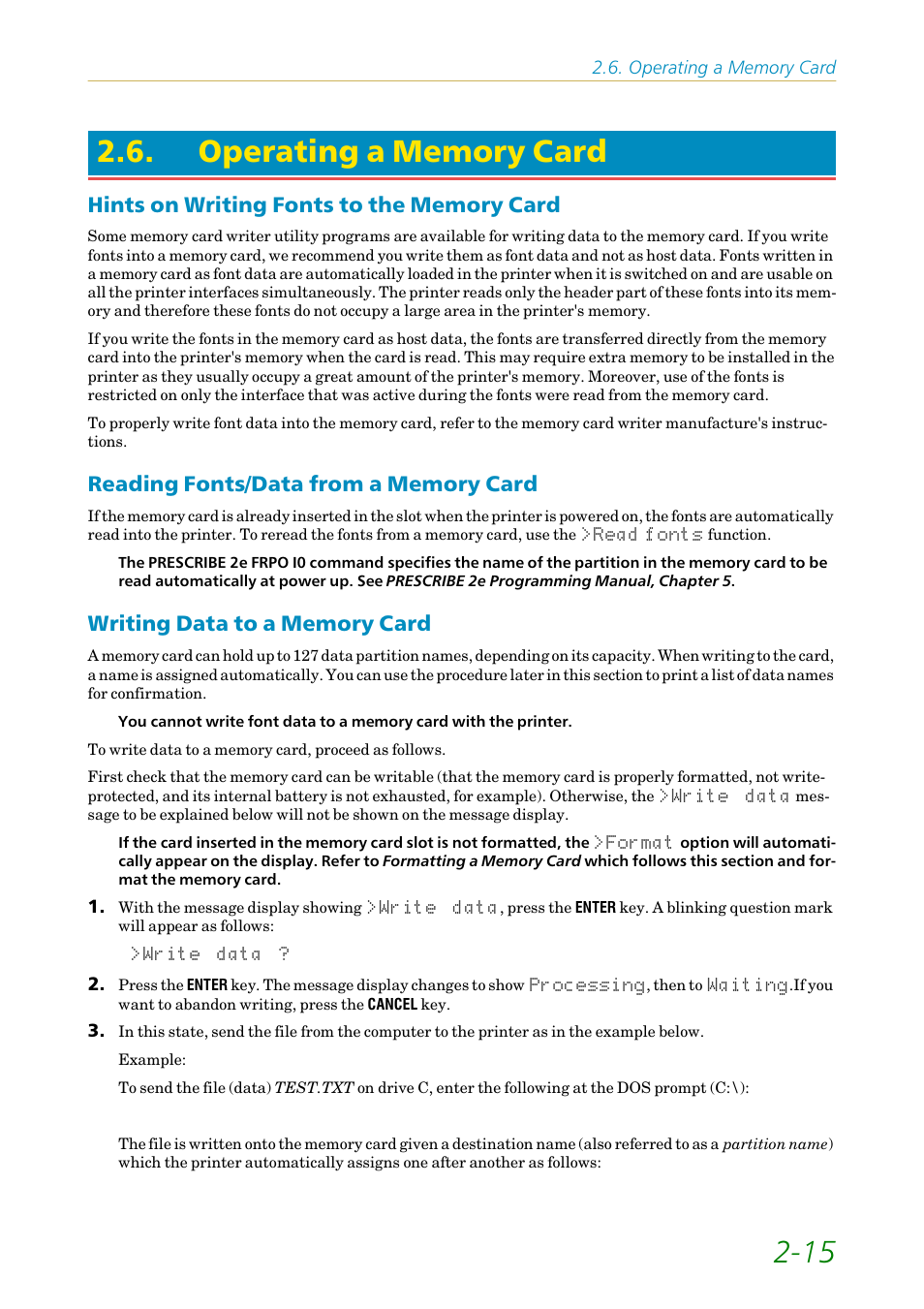 Operating a memory card, Hints on writing fonts to the memory card, Reading fonts/data from a memory card | Writing data to a memory card | Kyocera FS1750 User Manual | Page 60 / 124