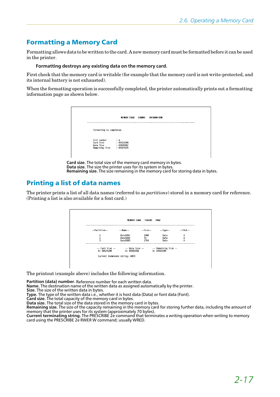 Formatting a memory card, Printing a list of data names | Kyocera FS1750 User Manual | Page 62 / 124