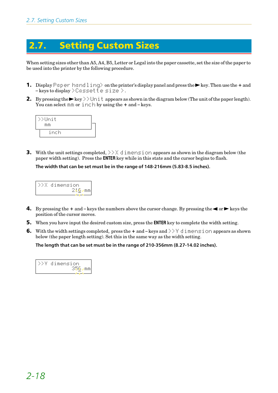 Setting custom sizes, 18 2.7. setting custom sizes | Kyocera FS1750 User Manual | Page 63 / 124