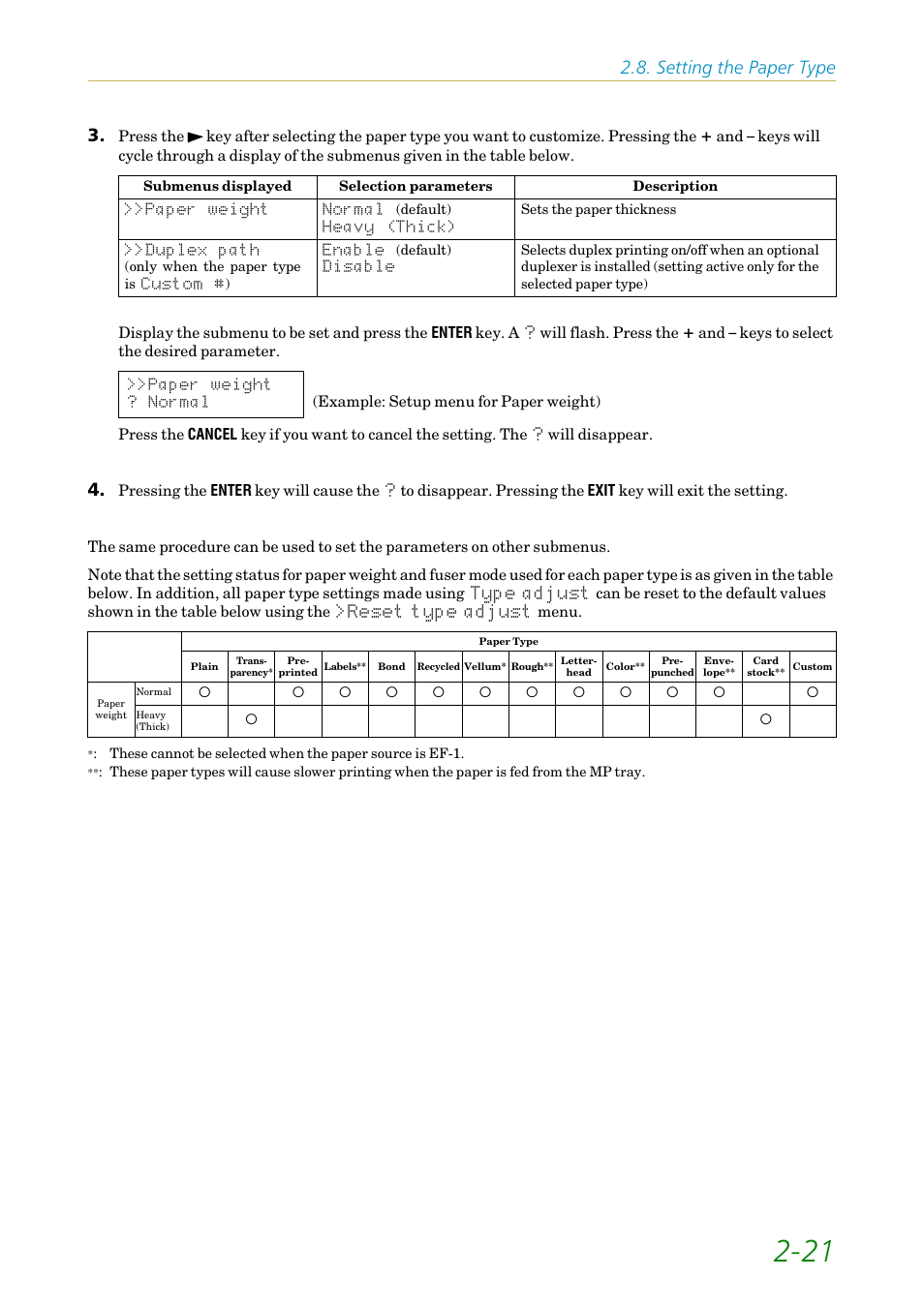 Setting the paper type | Kyocera FS1750 User Manual | Page 66 / 124