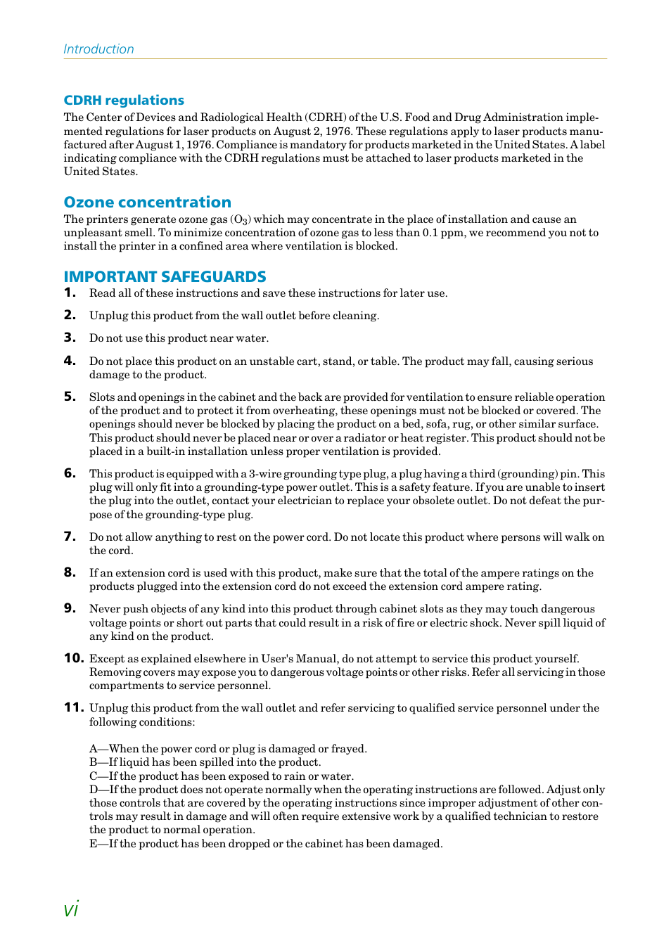 Important safeguards, Ozone concentration | Kyocera FS1750 User Manual | Page 7 / 124