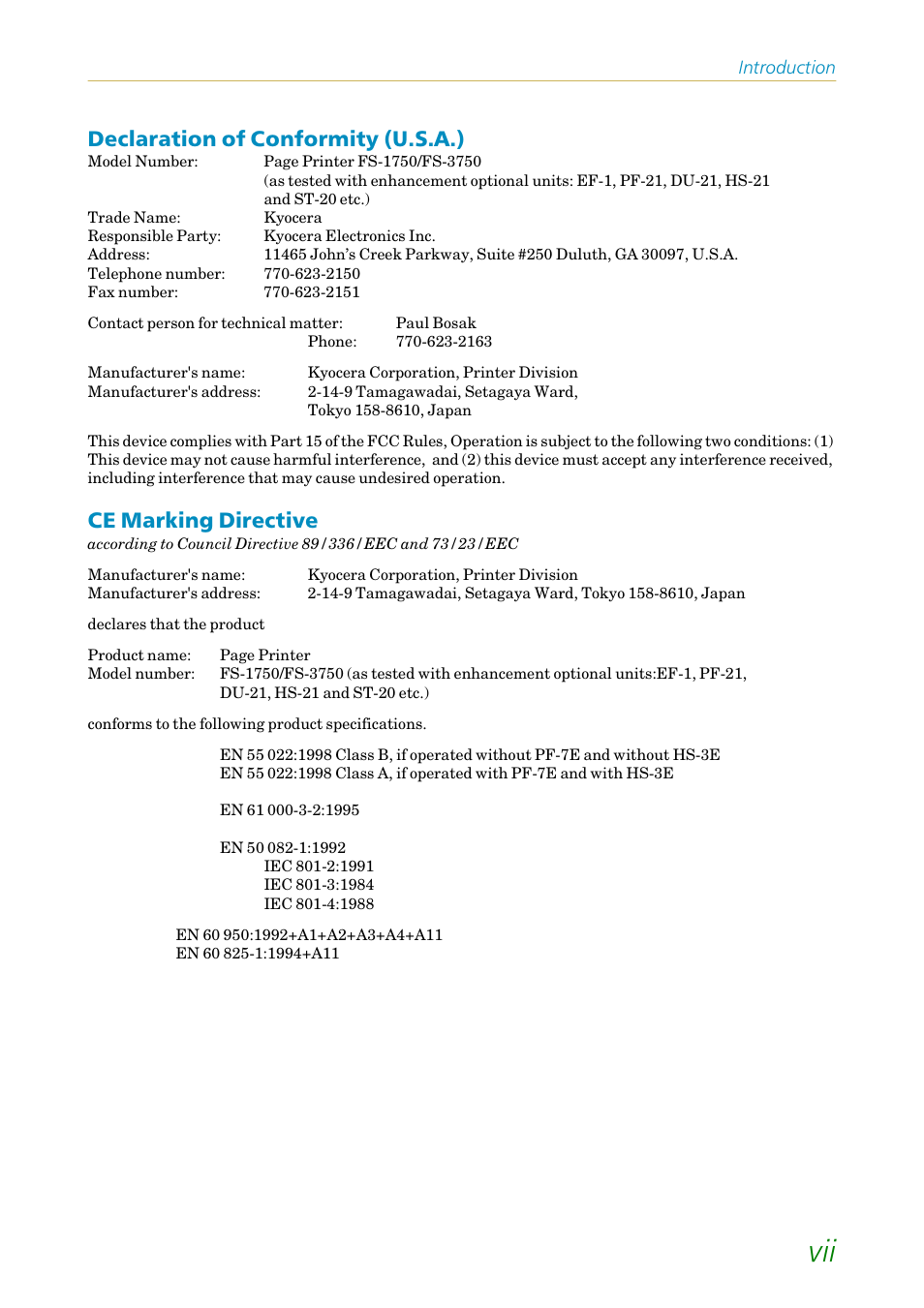 Declaration of conformity (u.s.a.), Ce marking directive | Kyocera FS1750 User Manual | Page 8 / 124