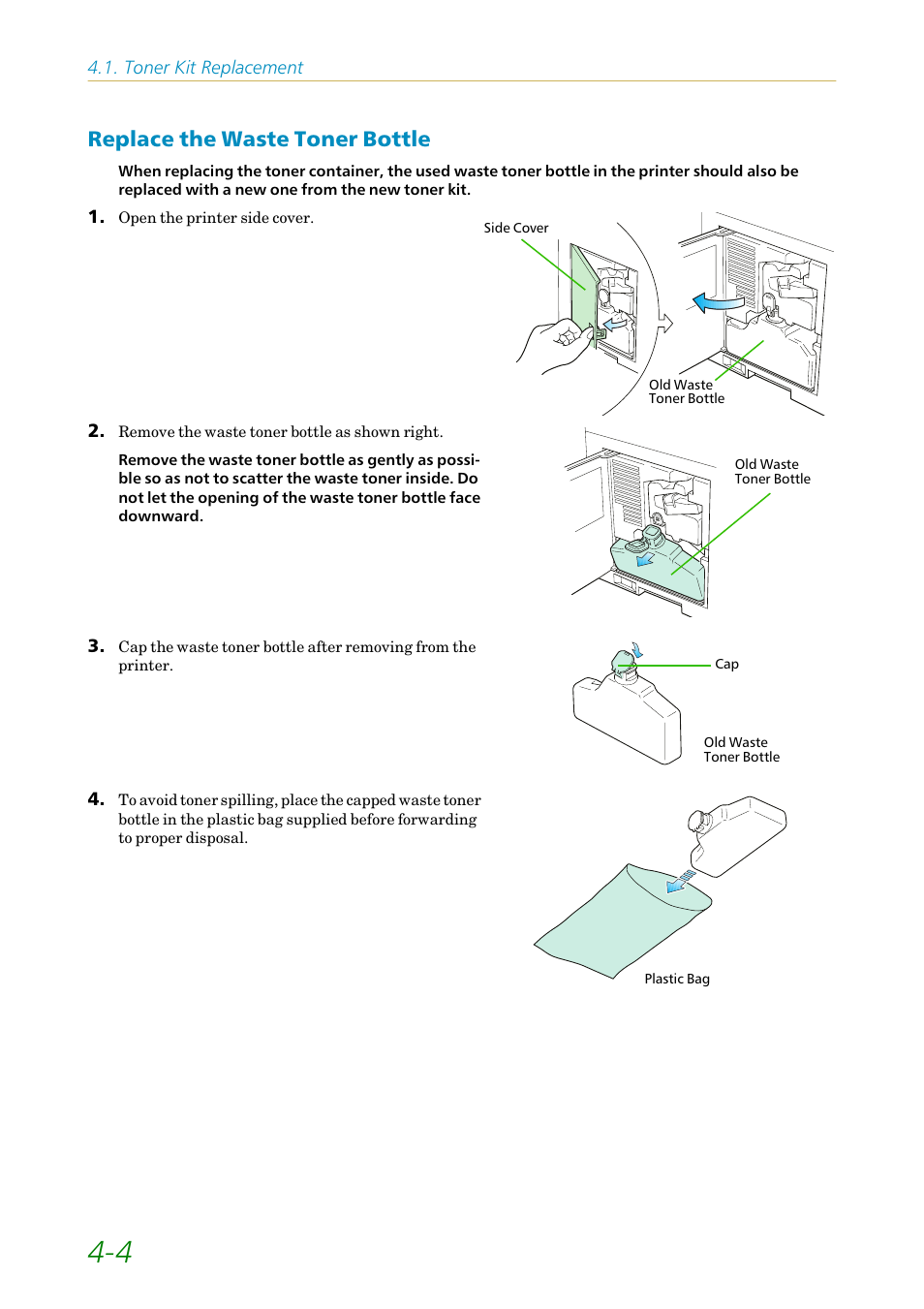 Replace the waste toner bottle, Replace the waste toner bottle -4 | Kyocera FS1750 User Manual | Page 82 / 124