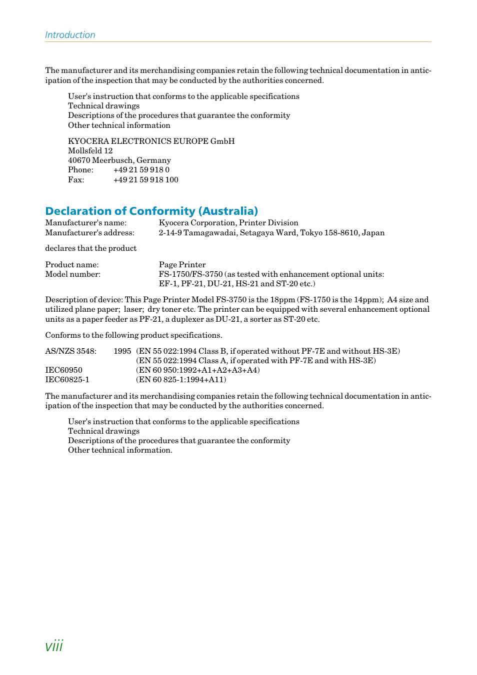 Declaration of conformity (australia), Viii | Kyocera FS1750 User Manual | Page 9 / 124