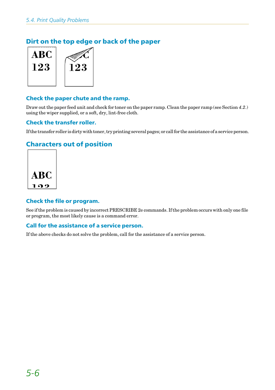 Dirt on the top edge or back of the paper, Characters out of position | Kyocera FS1750 User Manual | Page 92 / 124