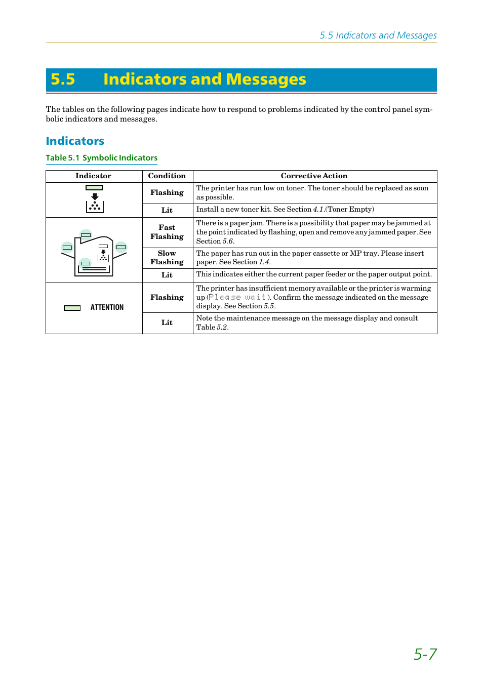 5 indicators and messages, Indicators, Indicators and messages | Indicators -7, Chapter 5, See section 5.5, 7 5.5 indicators and messages | Kyocera FS1750 User Manual | Page 93 / 124