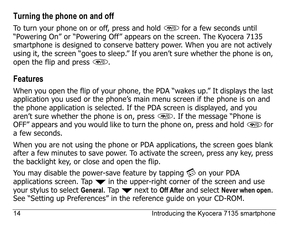 Turning the phone on and off, Features | Kyocera 7135 User Manual | Page 32 / 112