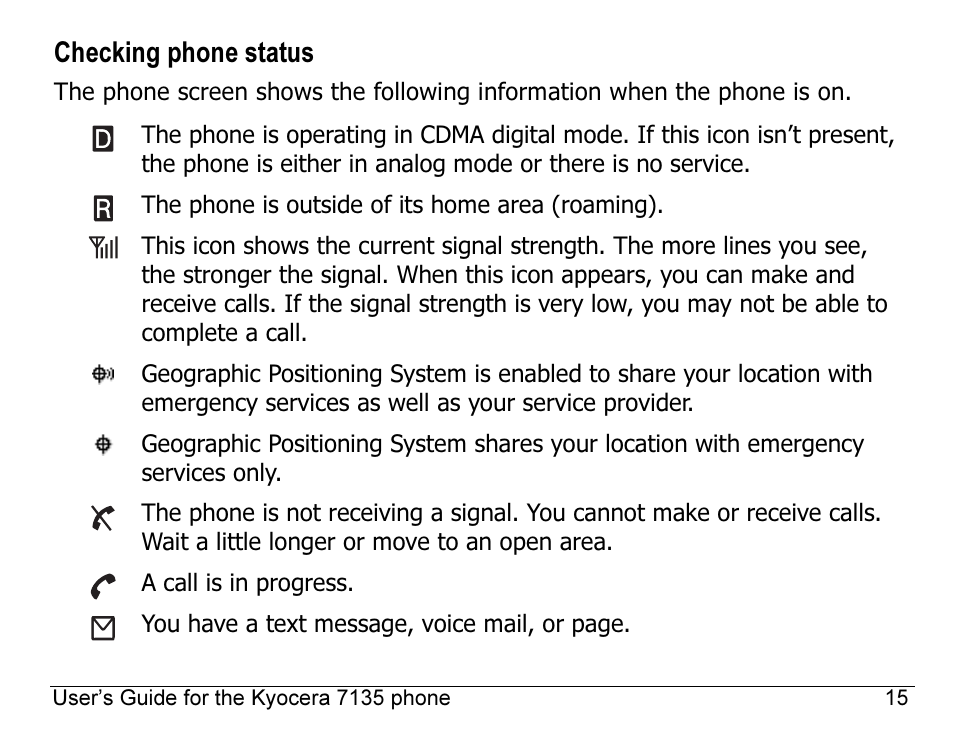 Checking phone status | Kyocera 7135 User Manual | Page 33 / 112