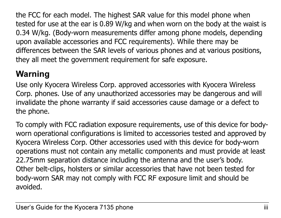 Warning | Kyocera 7135 User Manual | Page 5 / 112