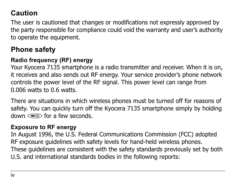 Caution, Phone safety | Kyocera 7135 User Manual | Page 6 / 112