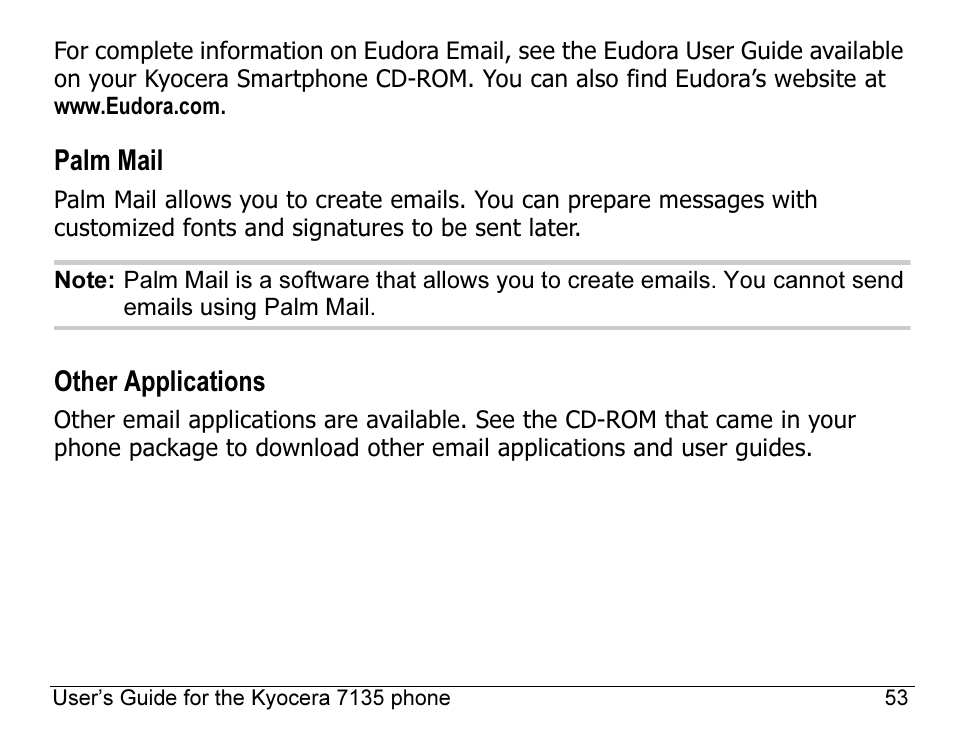 Palm mail, Other applications | Kyocera 7135 User Manual | Page 71 / 112