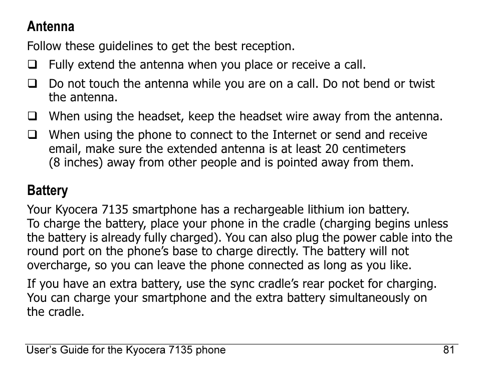 Antenna, Battery | Kyocera 7135 User Manual | Page 99 / 112