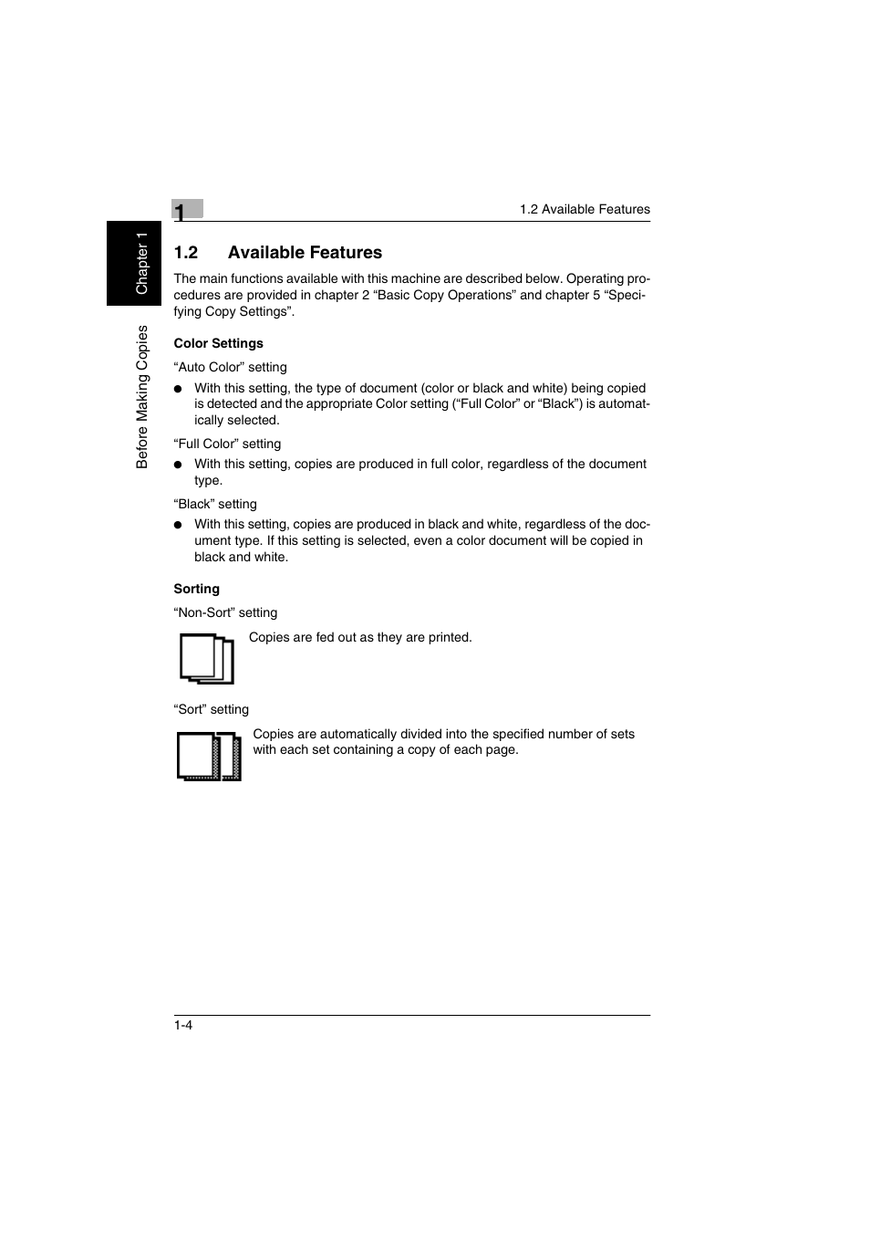 Available features -4 color settings -4 sorting -4, 2 available features | Kyocera KM-C2030 User Manual | Page 11 / 154